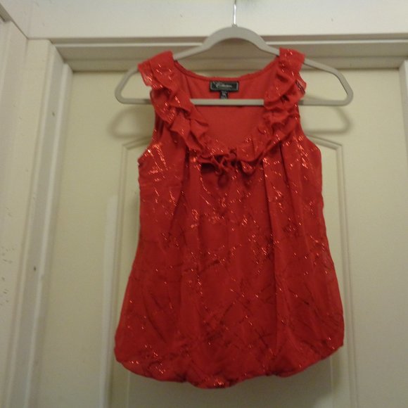 BRIGHT RED SHINE THREADS RUFFLES GATHERED TOP BY DRESSBARN PS - Picture 1 of 8